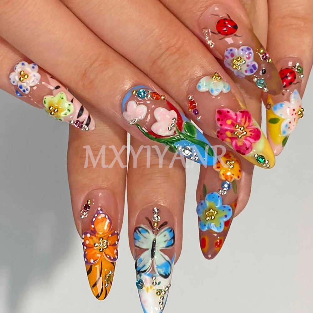 2024 New Cute 3D Flower Nails 10Pcs Handmade Manicure Medium Almond Fake Nails Press On Nails Design With Adhesive Nail File Set AliExpress