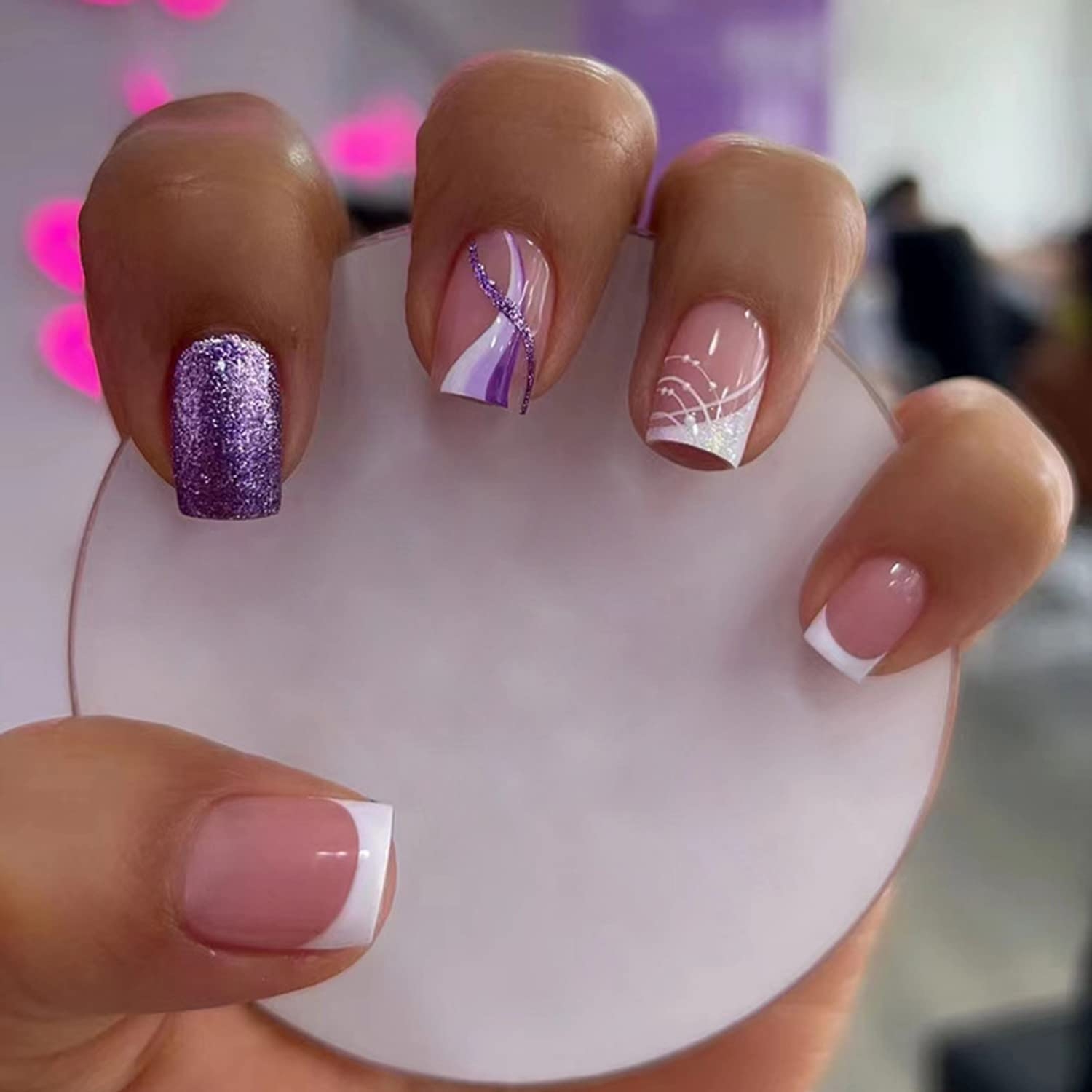 24 Pcs French Tip Short Square Press On Nails Purple Shiny Powder Cute Designs For Women Girls Acrylic False Nails Full Cover Stick On Nail Decor PT10 Buy