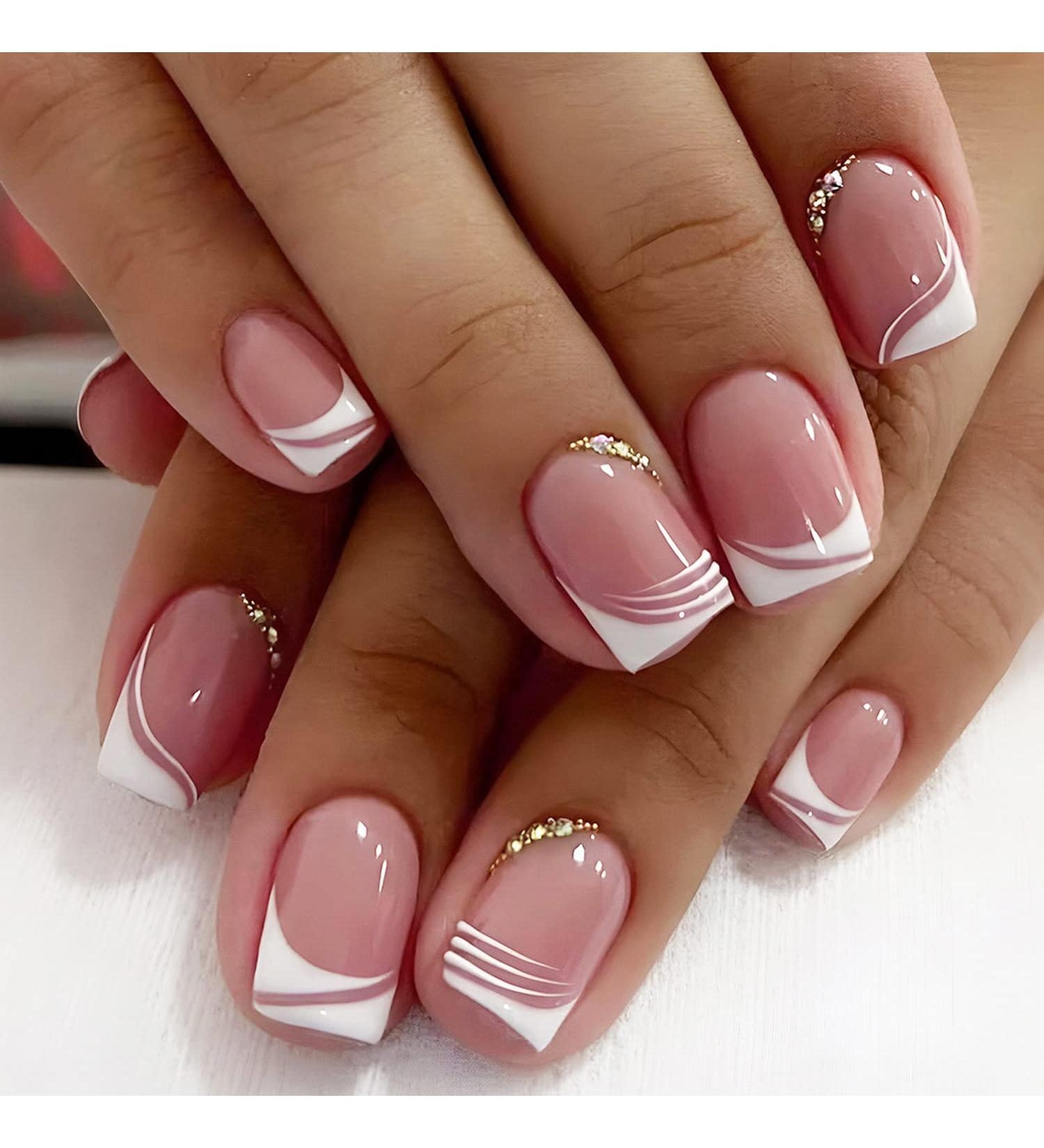 24 Pcs Short Square French Tip Press On Nails With Rhinestone Designs Nude Pink Glue On Nails For Women Buy Now With Express International Delivery GoSupps