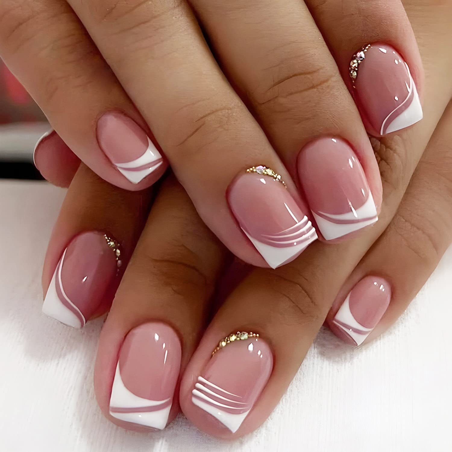 24 Pcs Short Square French Tip Press On Nails With Rhinestone Designs Nude Pink Glue On Nails For Women Buy Now With Express International Delivery GoSupps