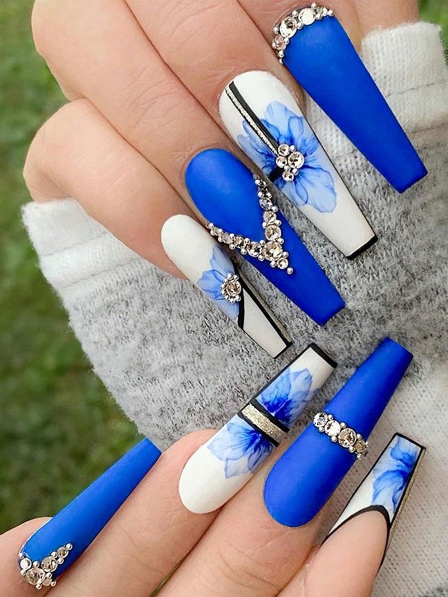 24pcs Extra Long Coffin Blue Flower Line Pattern Rhinestone Fake Nail Kit EBay