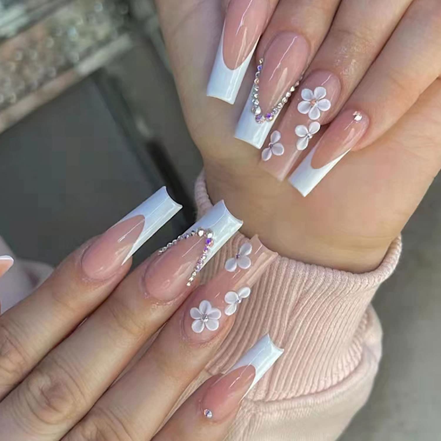 24Pcs Flower Design Long Press On Nails White French False Nails With Nude Pink Acrylic Glossy Stick On Nails For Women Buy Now With Express International Delivery GoSupps