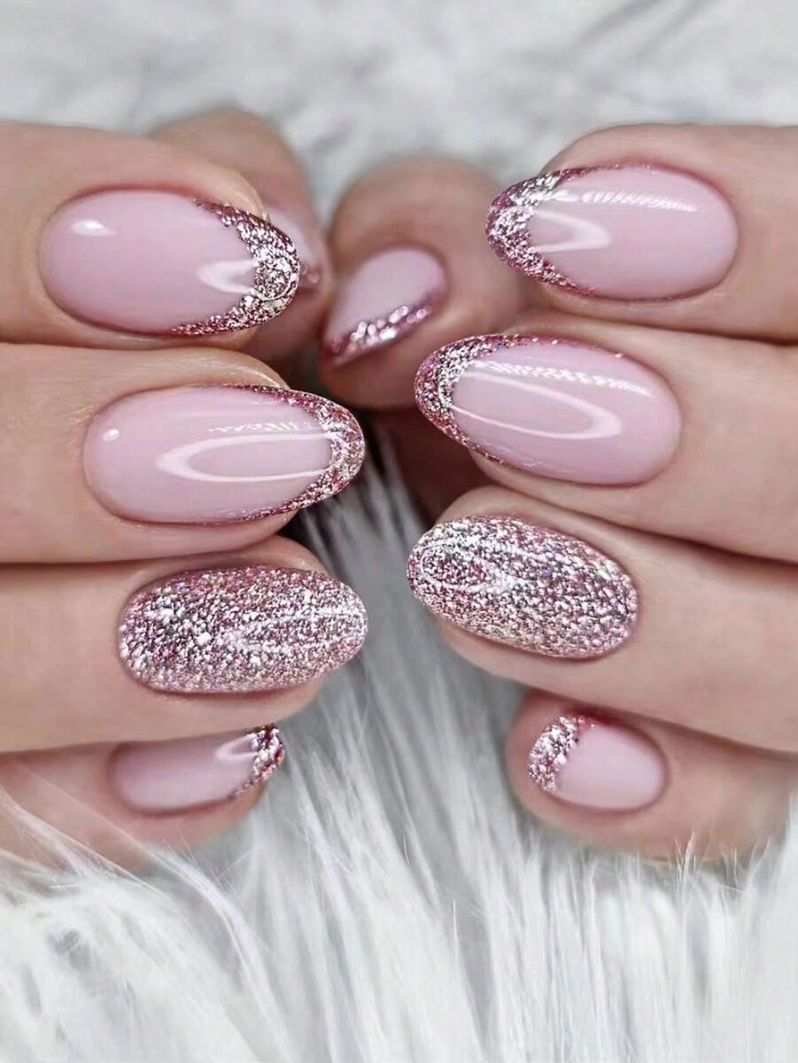 24pcs Long Almond Pink Glitter Fake Nail Set False Nails Press On Nails Glue On EBay