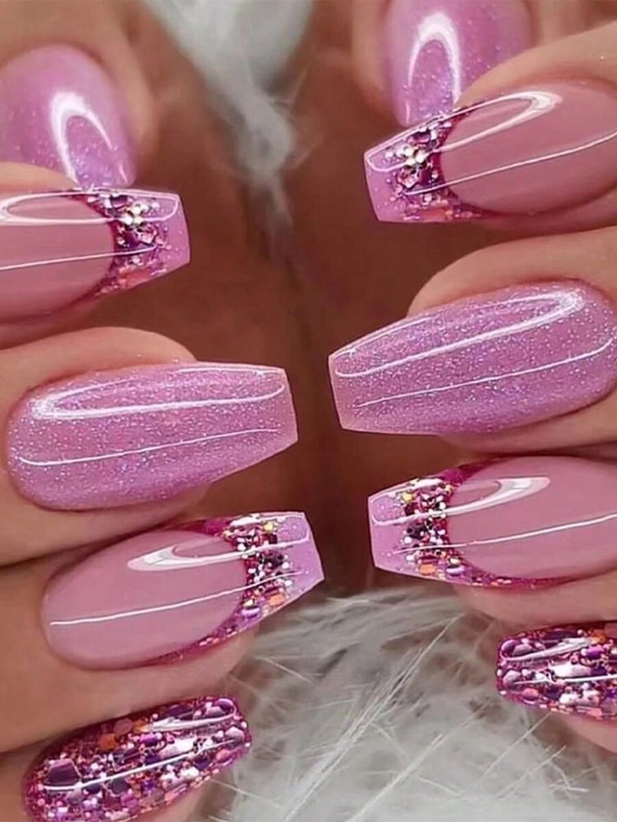 24pcs Long Coffin Pink Glitter Fake Nail Kit False Nails Press On Nails Glue On EBay