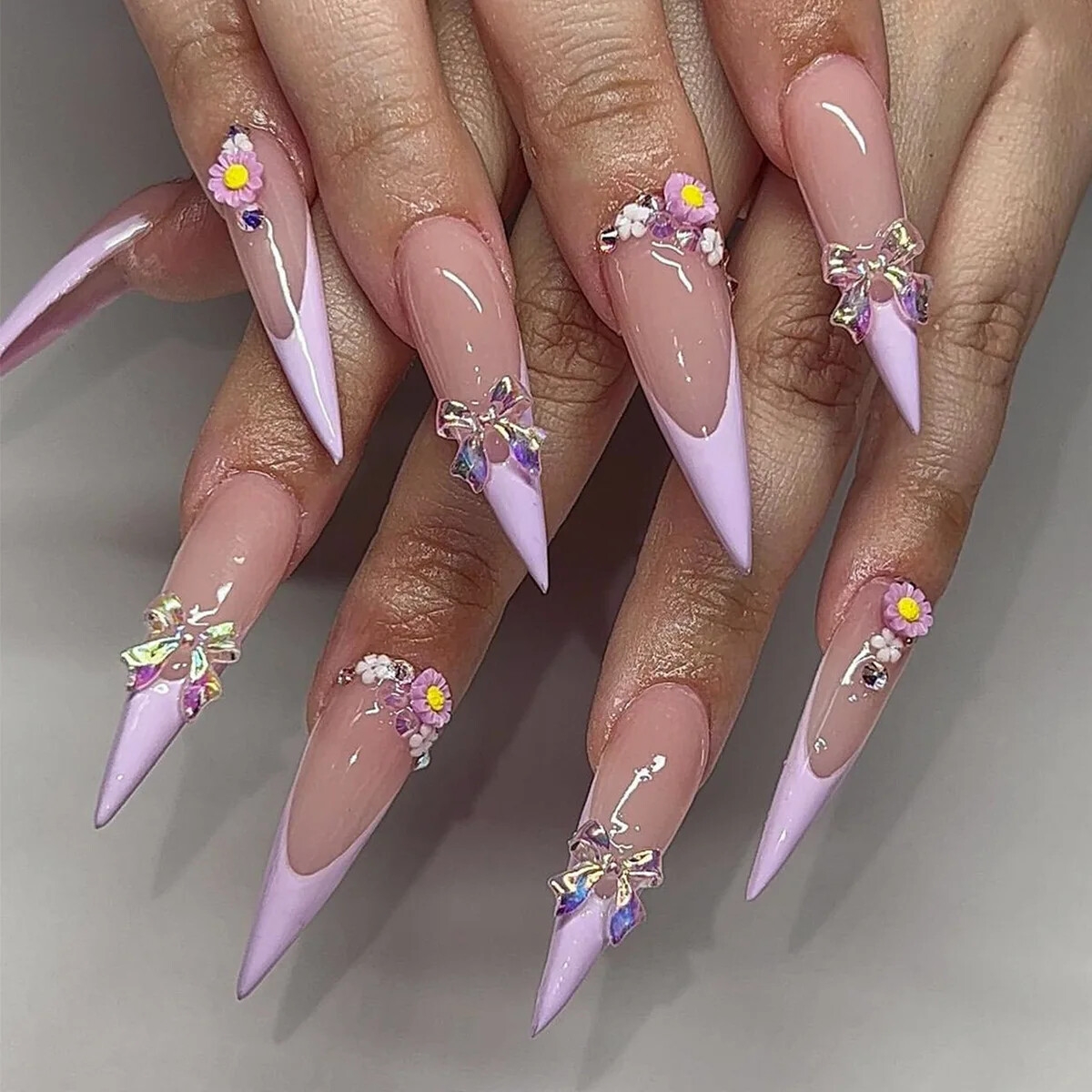 24Pcs Long Stiletto Almond Head Fake Nails With Rhinestone Design Wearable Pink EBay