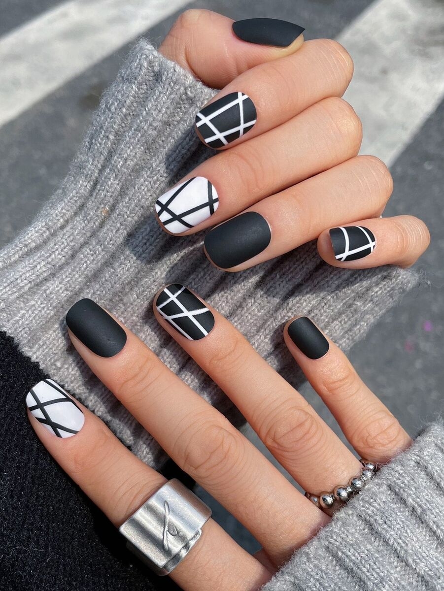 24pcs Short Square Black And White Matte Geometric Print Fake Nail False Nails EBay