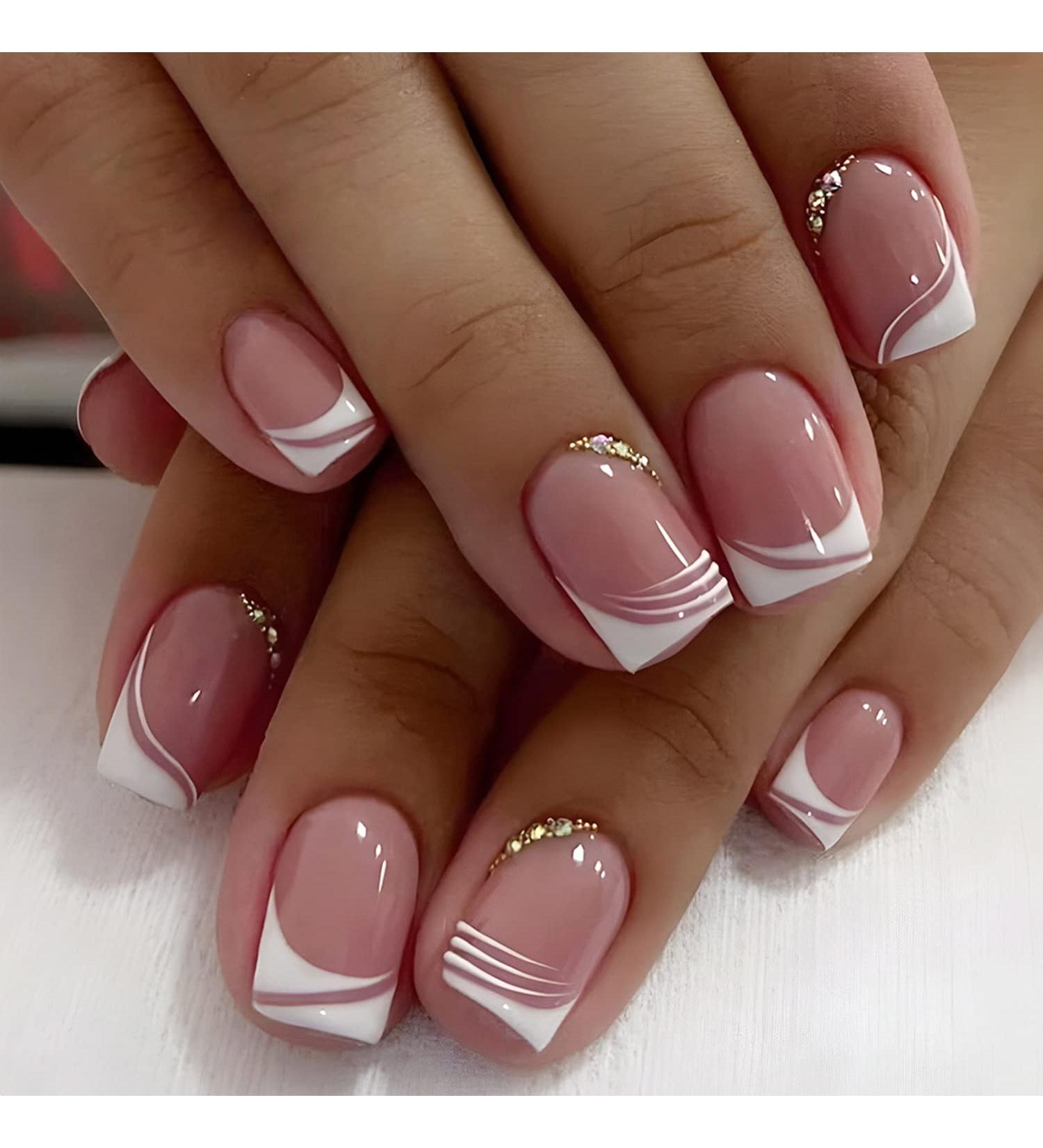 24Pcs Short Square French Tip Press On Nails With Rhinestone Designs Nude Pink False Acrylic Nails For Women Buy Now With Express International Delivery GoSupps