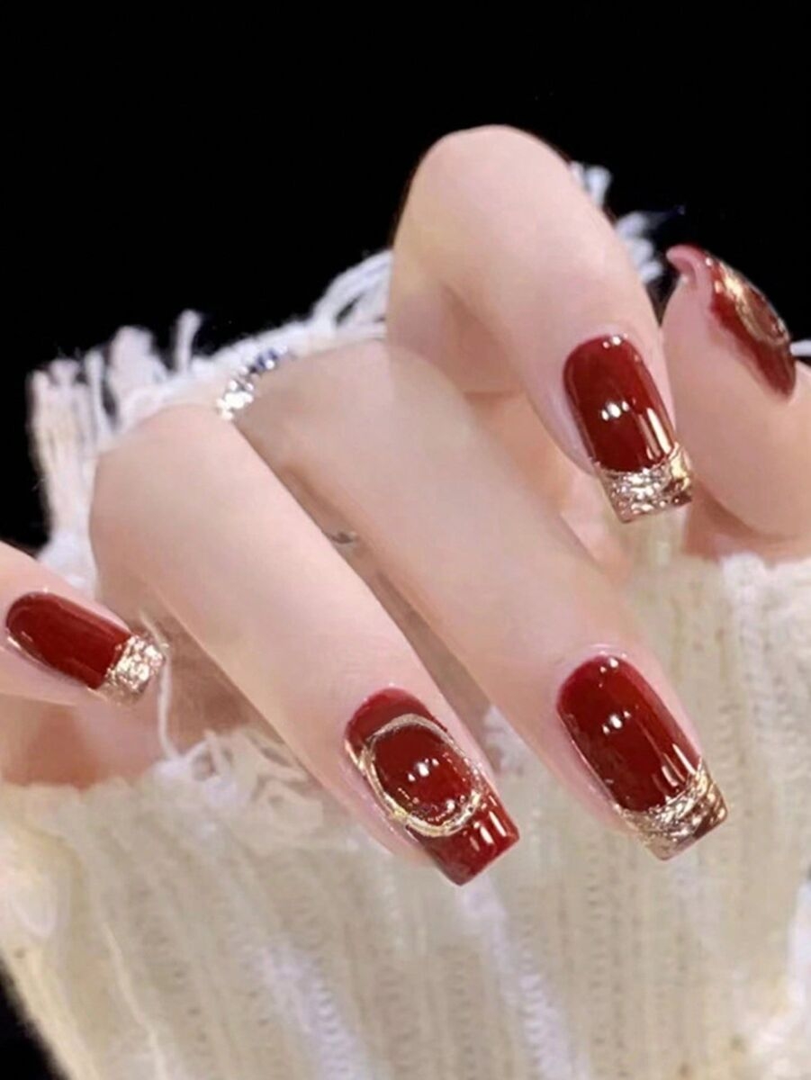24pcs Square Red Glitter And Gold Line Style Fake Nail False Nails Press On EBay