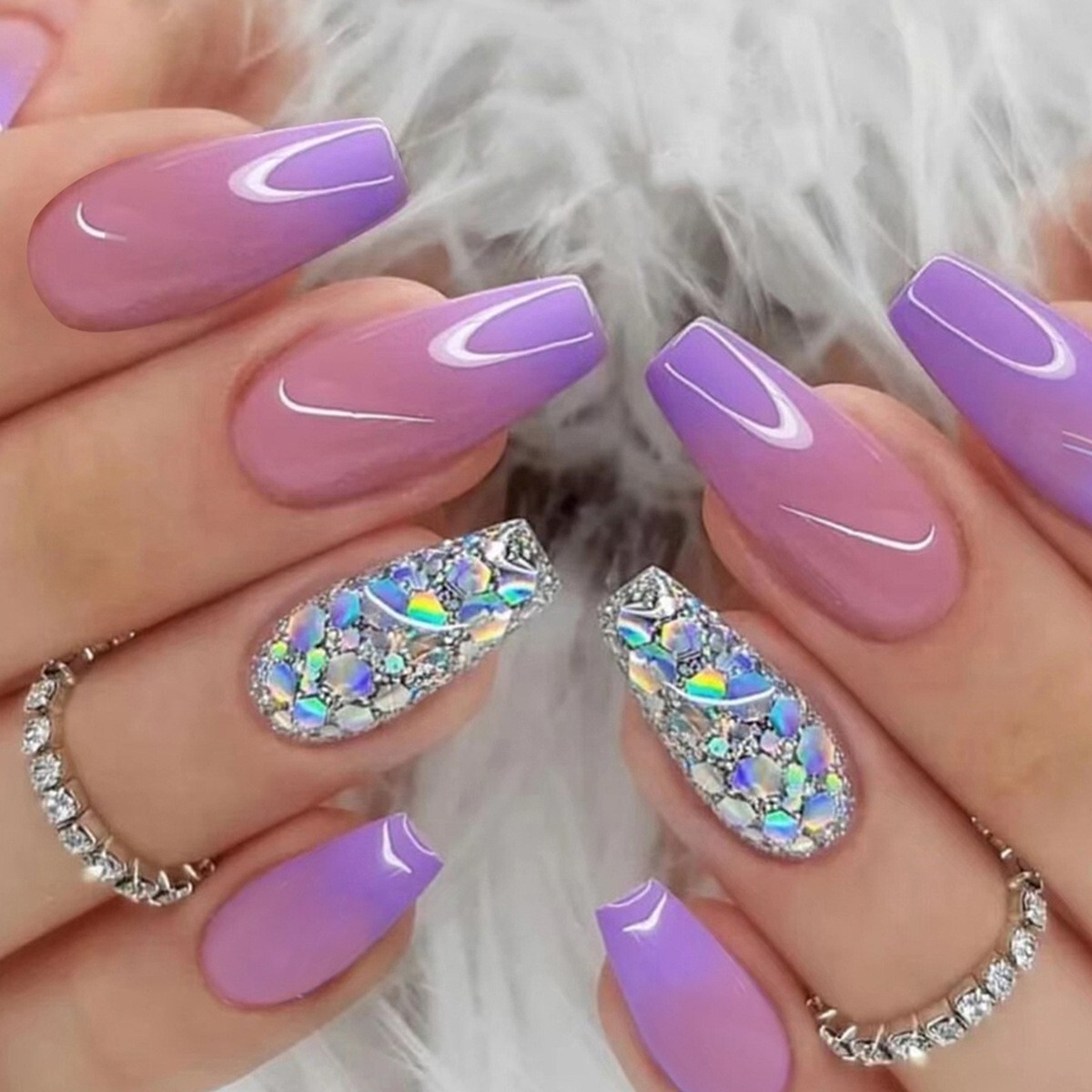 24pcs Sweet Purple Ombre Sparkle False Nail Coffin Press On Nails For Nail Art EBay