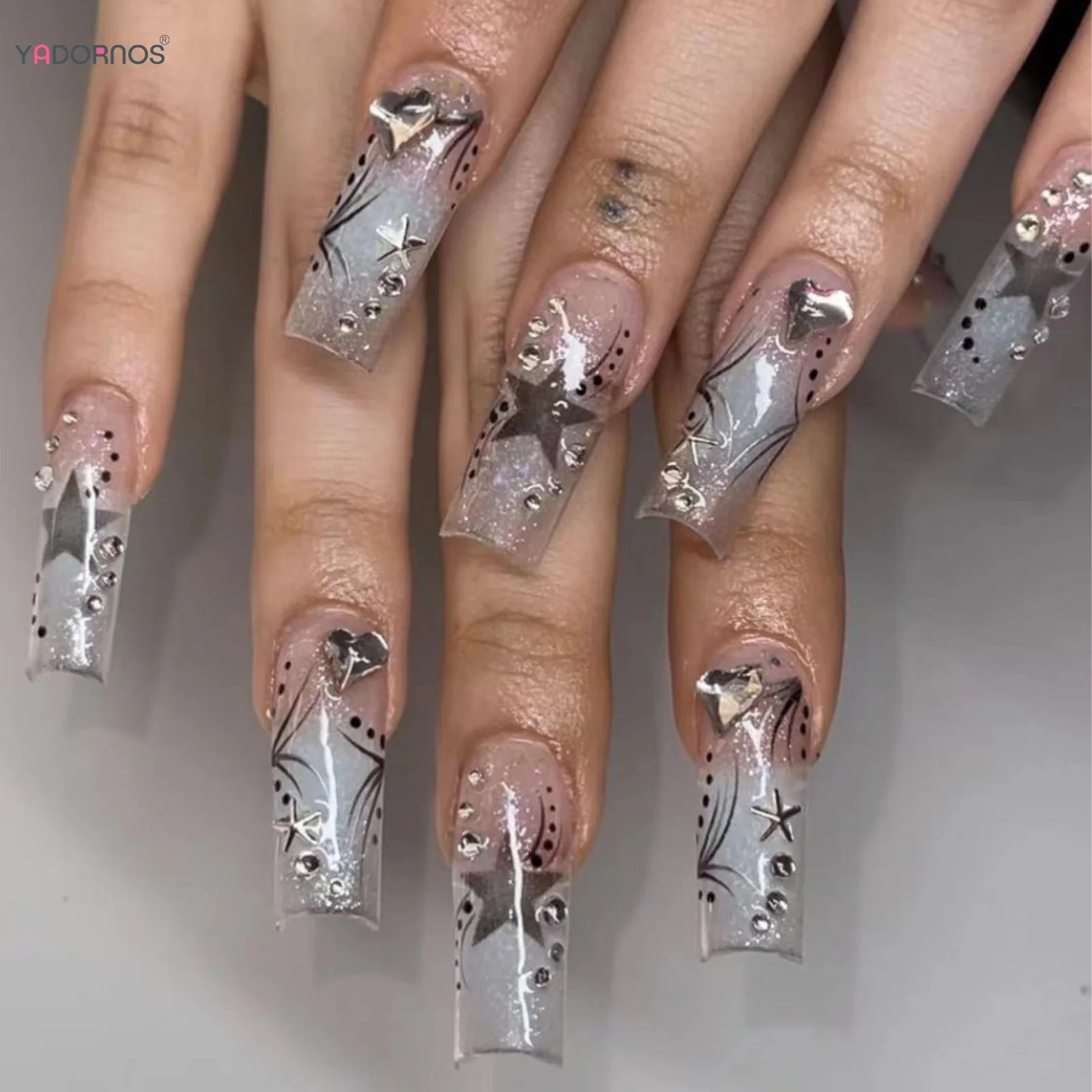 24Pcs Y2K Nails Tips Long Coffin Star Designs Diamond Fake Nails Full Cover Press On Nail Clear Acrylic Stick on Nails For Girls AliExpress