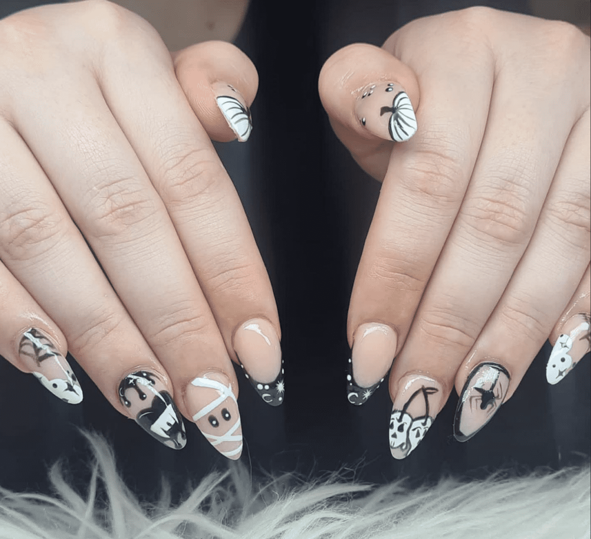 white nails with black design