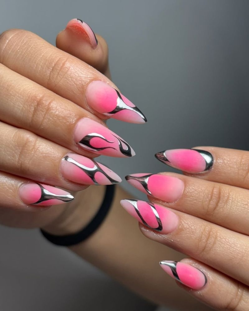 pink and black design nails