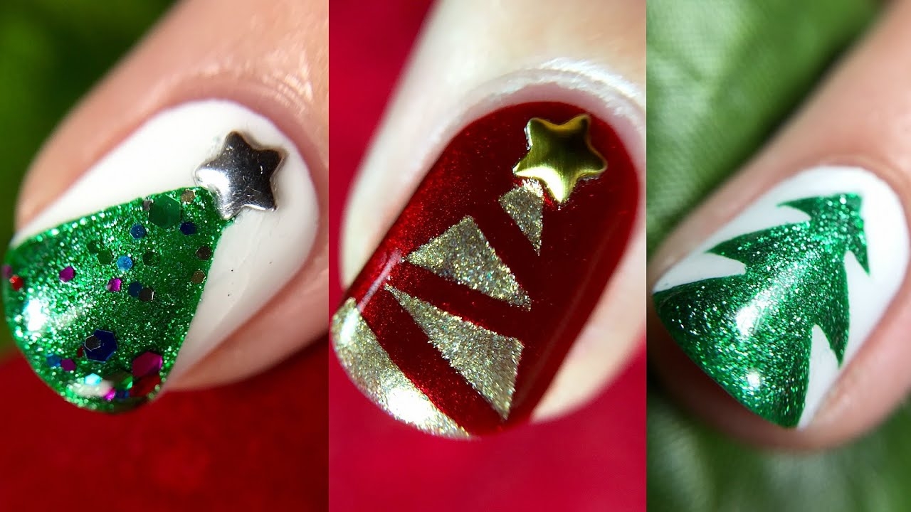 3 Christmas Tree Accent Nail Art Designs YouTube