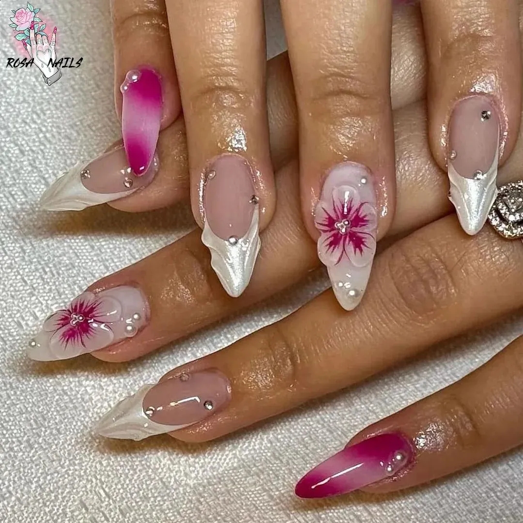 3D Flower Nails Purple French Tip Airbrush Nail Art Hand Painted Almond Jelly Press On Nails From You07 7 59 DHgate Com