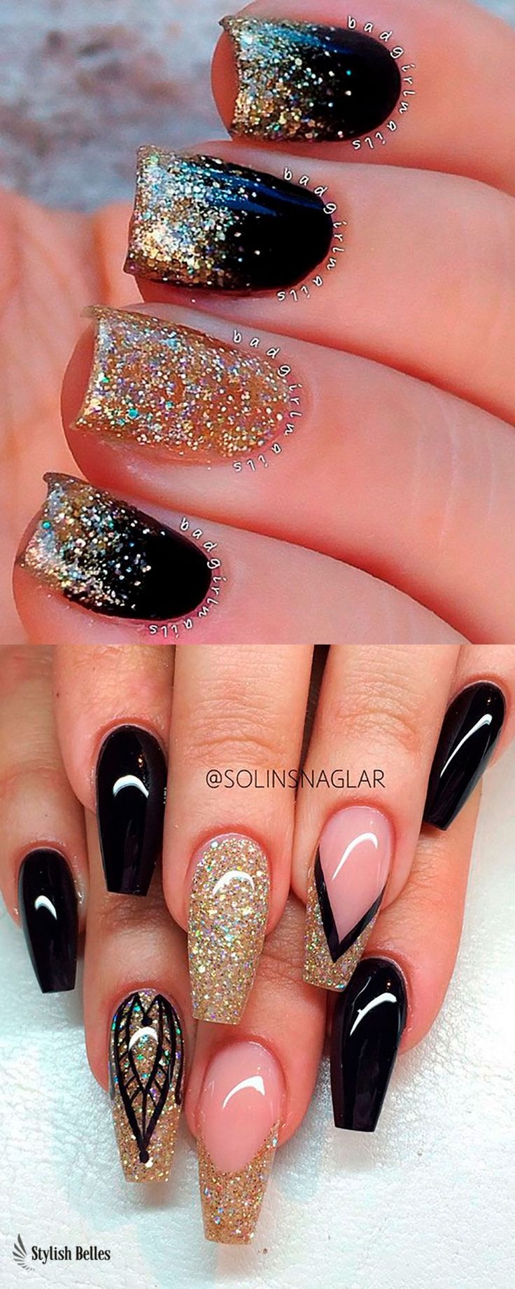 black nail designs with glitter