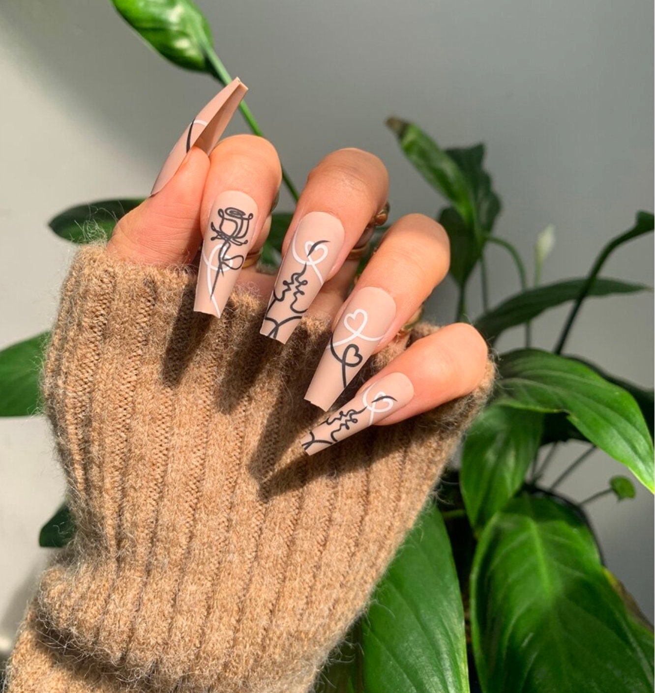 Abstract Line Art Coffin Nails Cute Fall Press In Nails Trendy Press On Nails Etsy