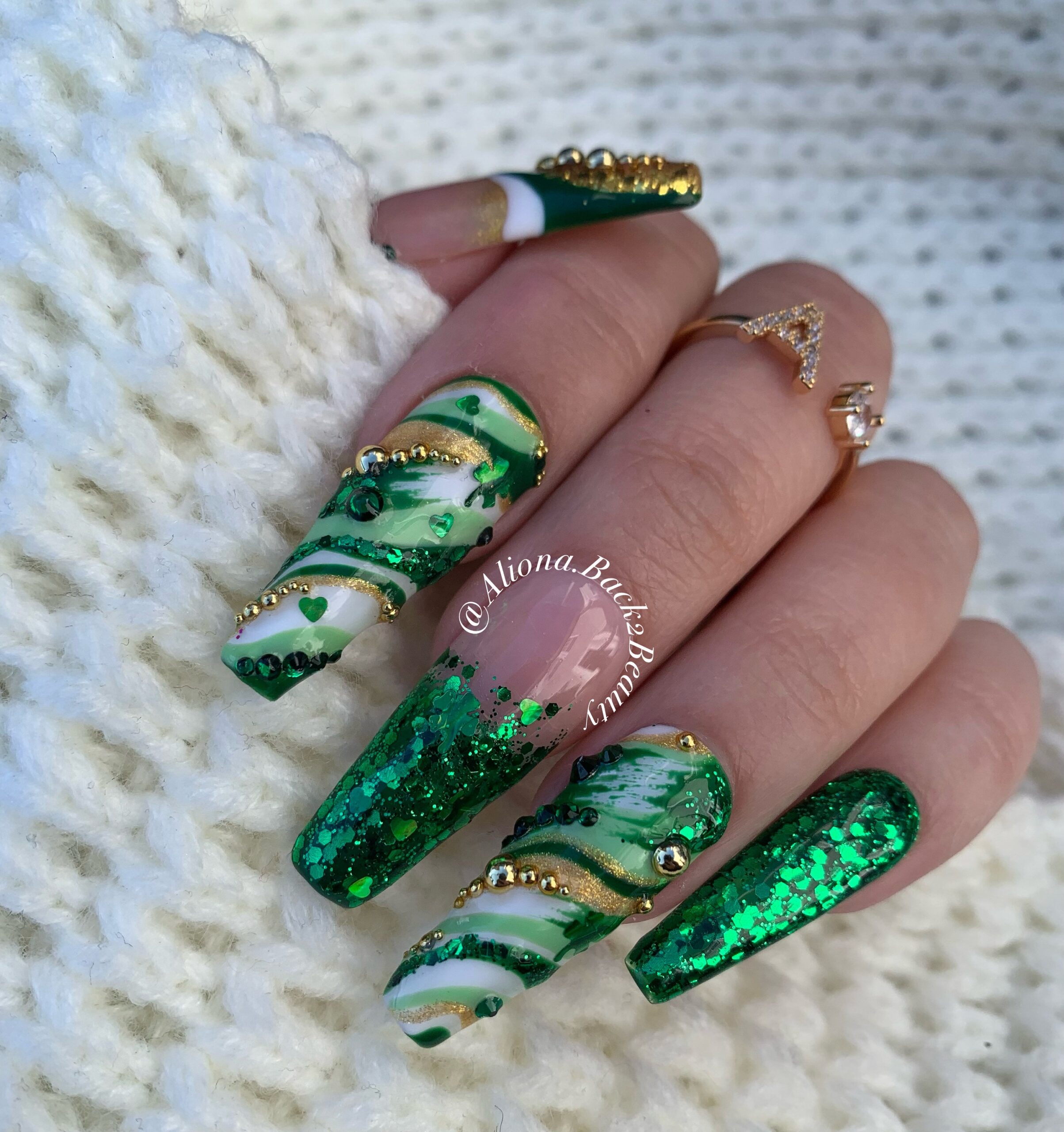 Abstract St Patrick s Day Press On Nails Glitter And Rhinestones St Patty s Day Nails Handmade Nails Etsy