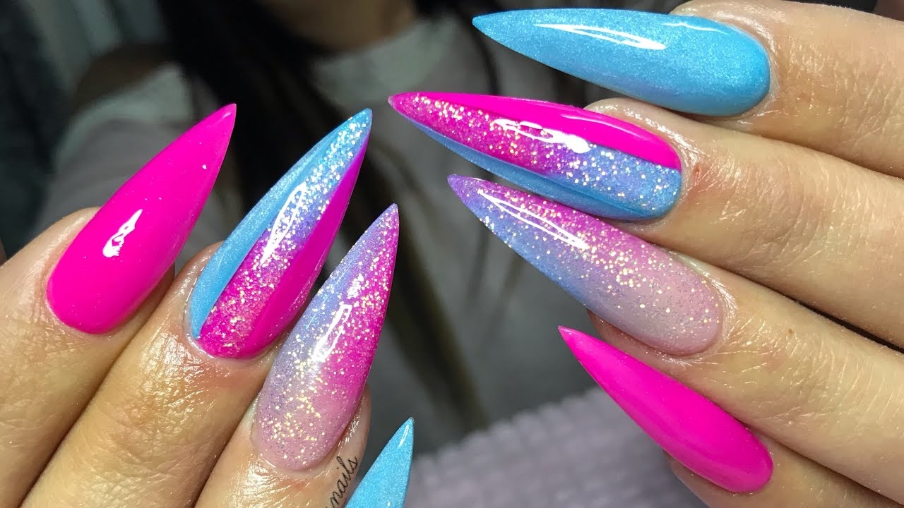 ACRYLIC NAIL DESIGN BLUE PINK DESIGN YouTube