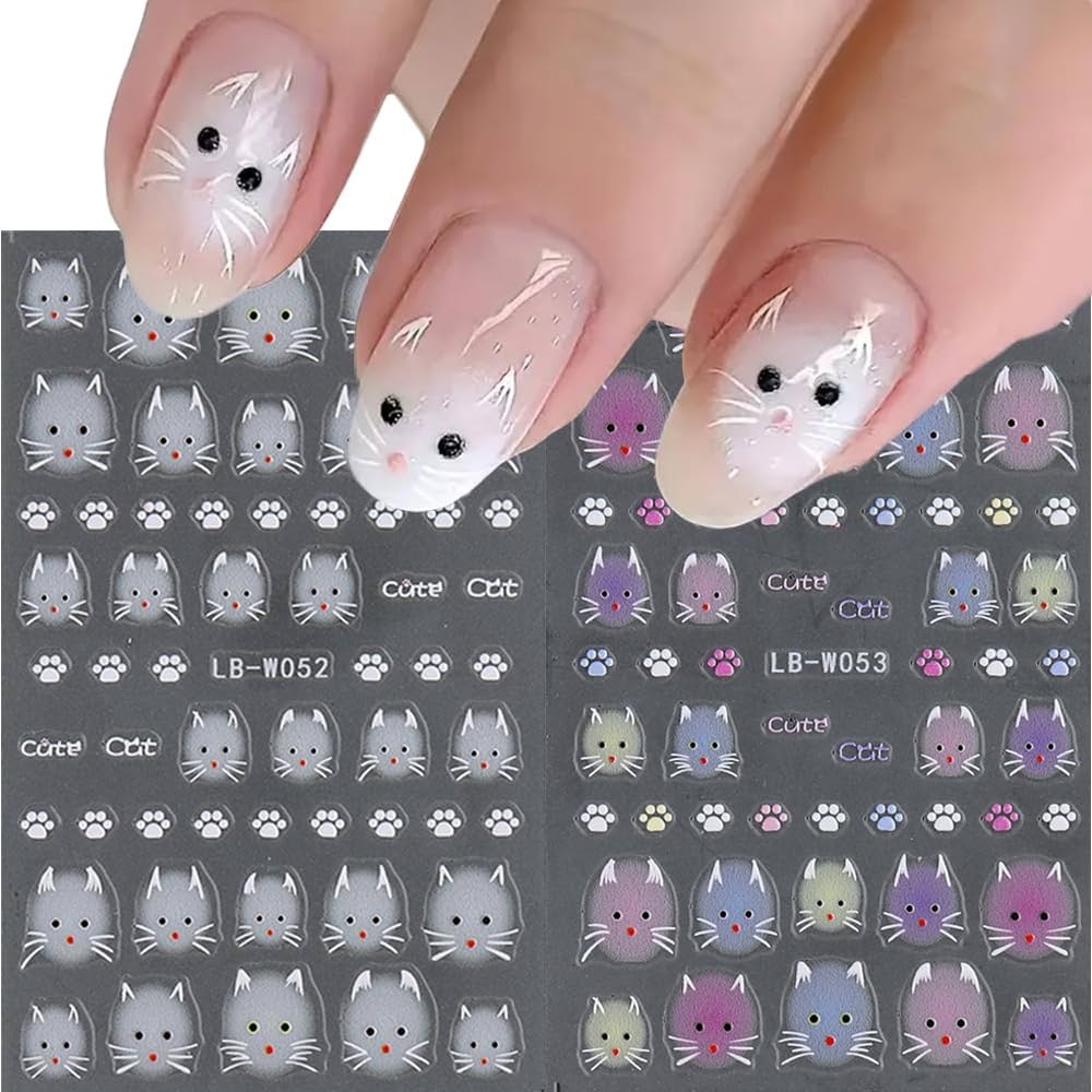 Amazon 2 Sheets Cute Cat Nail Art Stickers 5D Embossed Self Adhesive Colorful Little Cat Nail Decals Kawaii Scratch Design For Women Manicure Decoration DIY Nail Sticker Beauty Personal Care