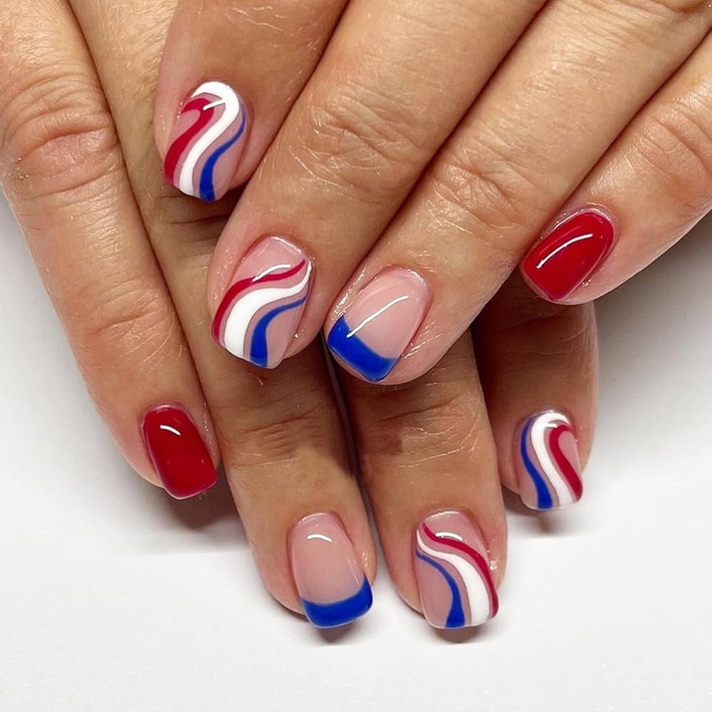 Amazon 24 Pcs 4th Of July Press On Nails Short Square Fake Nails Independence Day Acrylic Nails Glossy Glue On Nails Patriotic Red Blue White Swirl Designs Coffin Nails Tips Full Cover