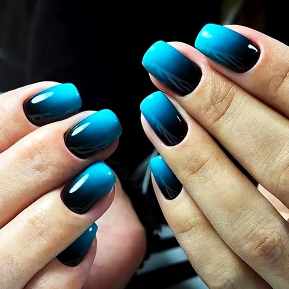 Amazon 24 Pcs Black Blue Ombre Press On Nails Short Square SHANRUN Summer Sky Blue Fake Nails Press Ons Nail Art Tip Glue On Nails Full Cover Artificial Acrylic False Nails