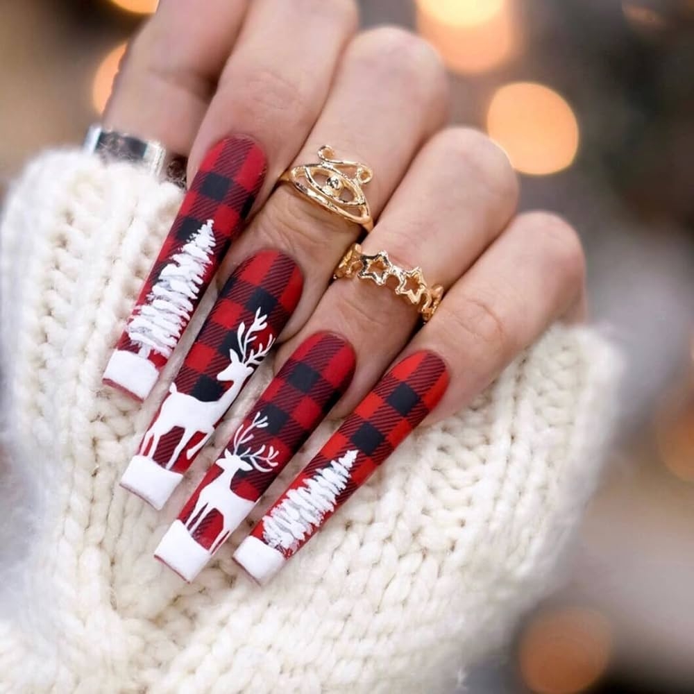 Amazon 24 Pcs Christmas Press On Nails Medium With Moose Buffalo Plaid Design Full Cover Christmas Long Fake Nails Coffin False Nails For Women And Girls Advanced Nail Art DIY Decoration With