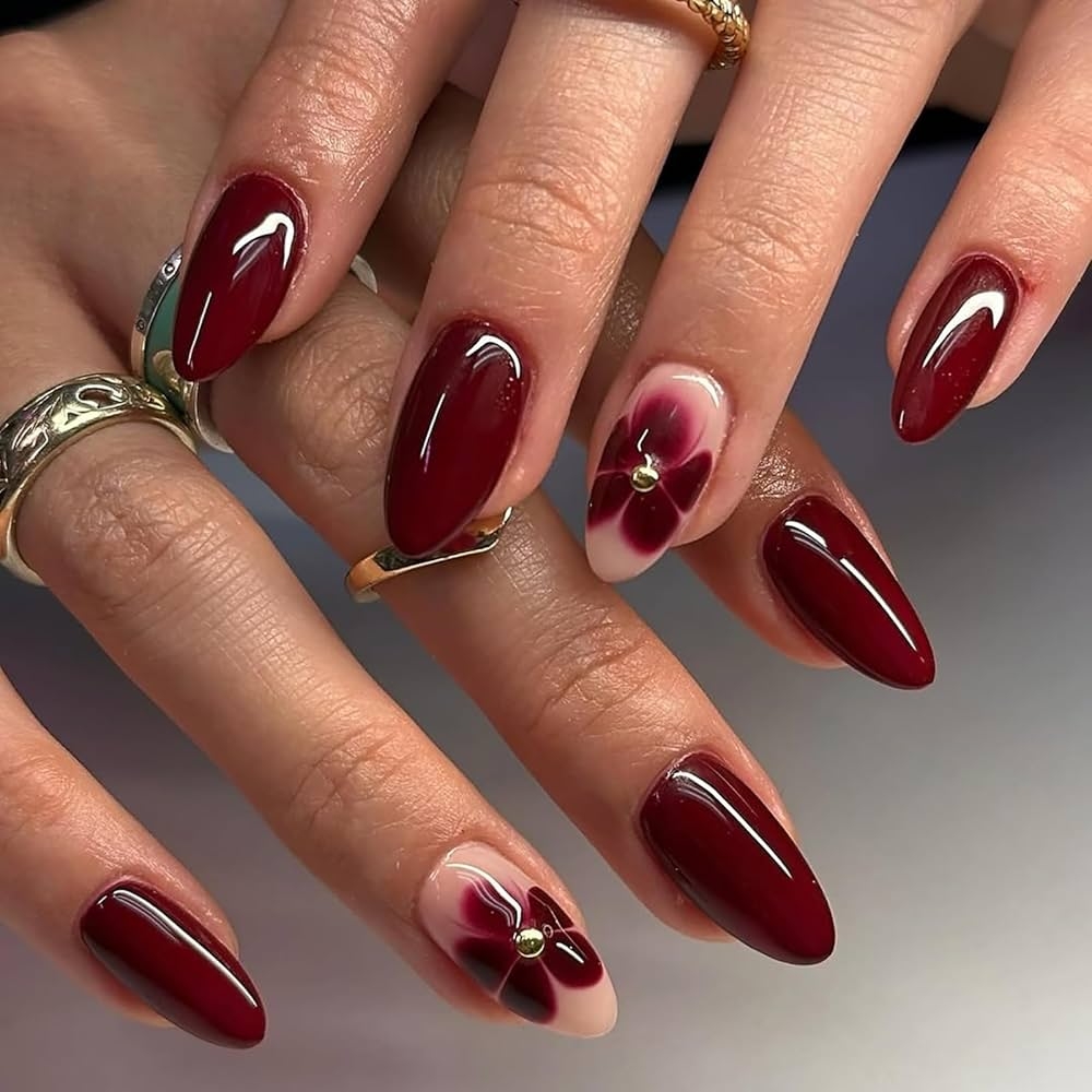 Amazon 24 Pcs Dark Red Almond Press On Nails Short Fake Nails Summer False Nails With Floral Rhinestone Design Red Flower Nails Acrylic Nails Press Ons Reusable Stick On Nails For Women