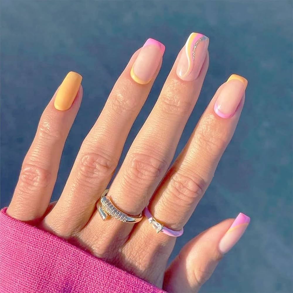 Amazon 24 PCS French Fake Nail Pink And Yellow Press On Nails Medium Length With Glossy Line Design Fake Nails Simple Wave Fake Nails Full Cover Stick On Nails Art For Women