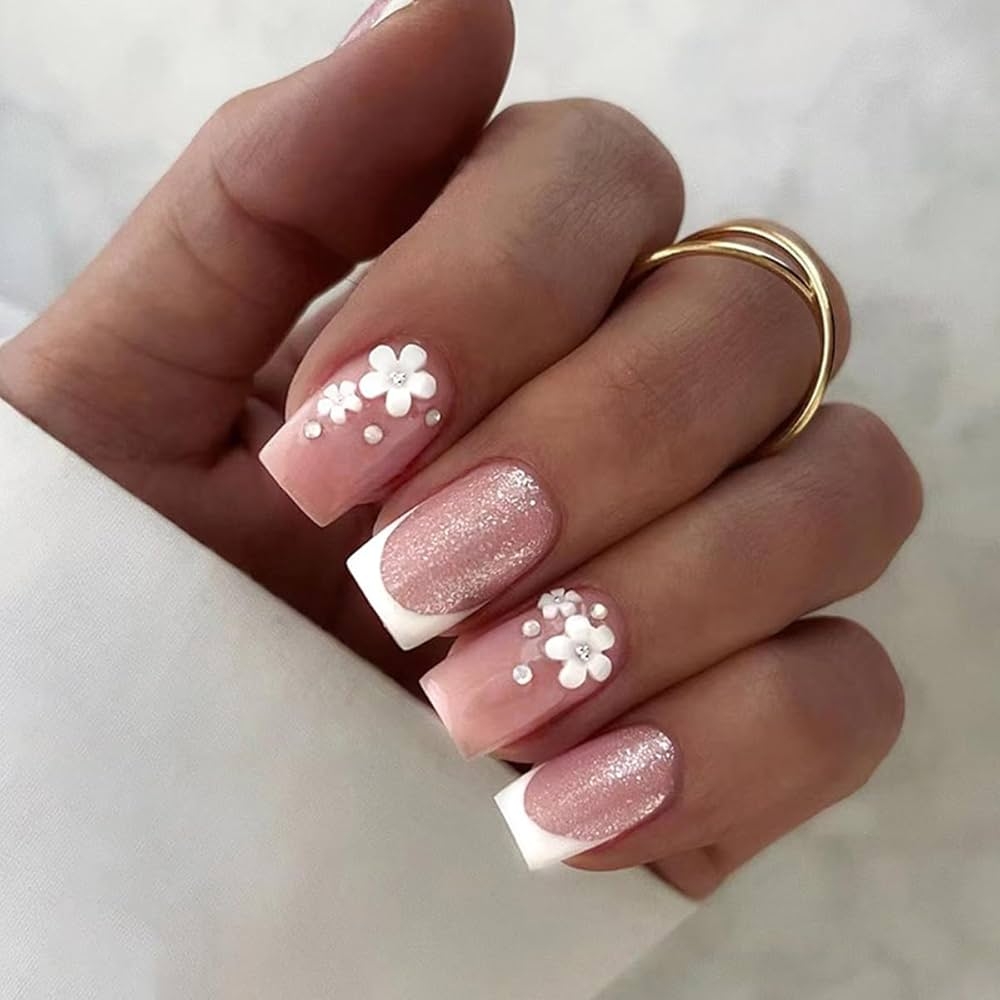 Amazon 24 Pcs French Press On Nails Medium Square 3D Flower Fake Nails French Tip False Nails With White Flower Luxury Rhinestone Glitter Nail Design Full Cover Acrylic Nails Glue On Nails