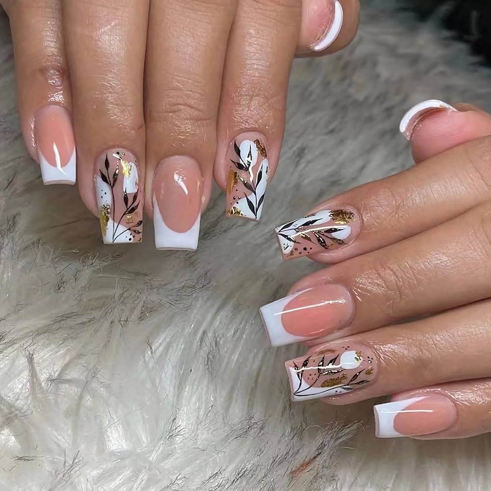 Amazon 24 Pcs French Tip Press On Nails Medium Square Shaped Glitter Glue On Nails For Women Medium Fake Nails With White Tip And Black Leaf Designs Industrial Scientific