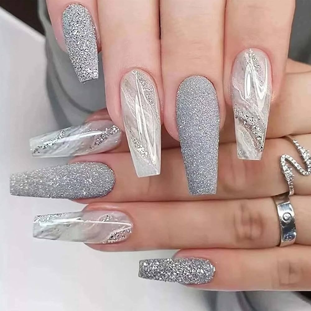 Amazon 24 Pcs Glitter Press On Nails Grey Glossy Coffin Long Fake Nails Acrylic Gradient False Nails Marble With Glitter Design Bling Fake Nail Luxury Stick On Nails For Women And Girls 