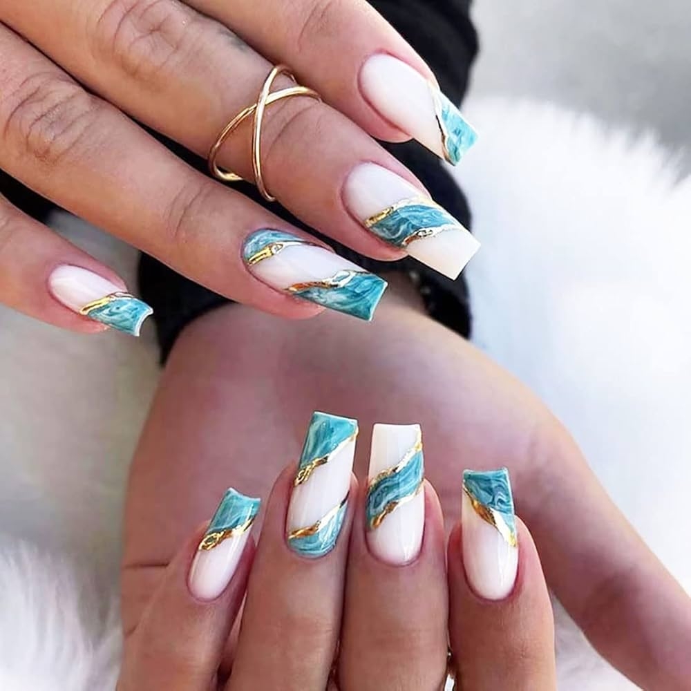 Amazon 24 PCS Gold Line Press On Nails Green Medium Length False Nails Glossy Coffin Fake Nails Full Cover Stick On Nails Art For Women And Girls Daily Decoration Beauty Personal