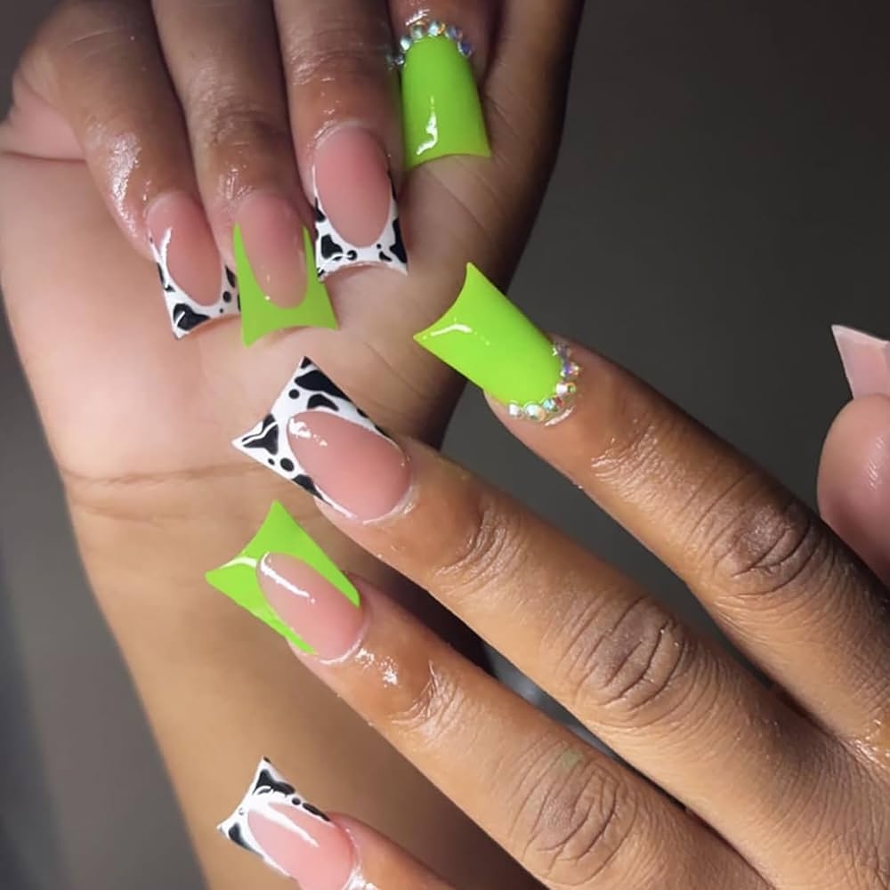 Amazon 24 Pcs Green Duck Press On Nails Medium Length Fake Nails Cute French Tip False Nails With Rhinestone And Cow Pattern Designs Duck Nails Press Ons Artificial Nails Reusable Stick On