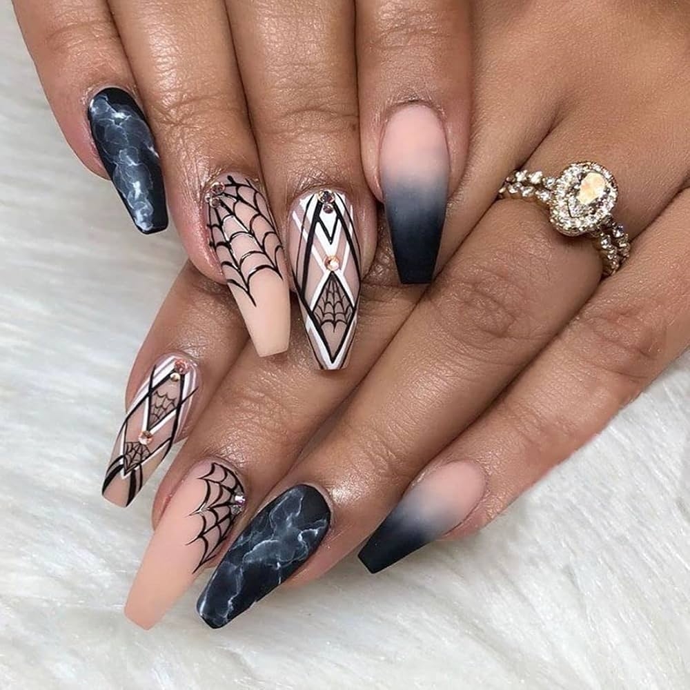 Amazon 24 Pcs Halloween Coffin Shape Press On Nails Medium Length Matte Pink With Black Spider Web Designs Ballet Fake False Nails With Glue Nail Art For Women And Girls Stick On Nails 