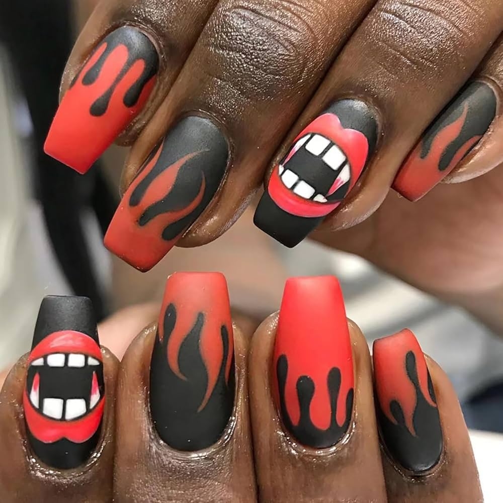 Amazon 24 Pcs Halloween Horror Press On Nails Flame Nail Design Medium Coffin Glue On Nails Matte Red False Nails Full Cover Press On Acrylic Nails Medium Length Artificial Nails For Women