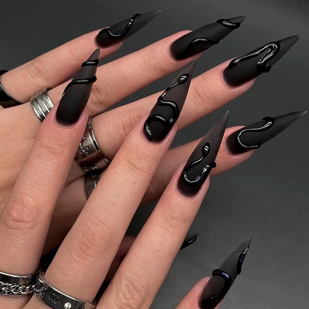 Amazon 24 Pcs Matte Black Press On Nails Long Stiletto Fake Nails With Glue Halloween False Nails With 3D Snake Design Handmade Acrylic Nails Press Ons Halloween Nails Full Cover Stick On