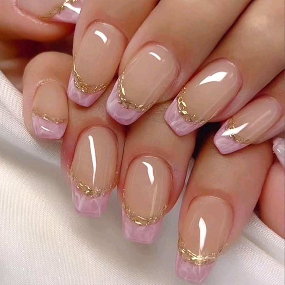 Amazon 24 Pcs Pink French Tip Press On Nails Medium Coffin GRITOSE Acrylic Fake Nails Natural Fit False Nails With Gold Foil Designs Glossy Full Cover Stick On Nails Acrylic Artificial Nails