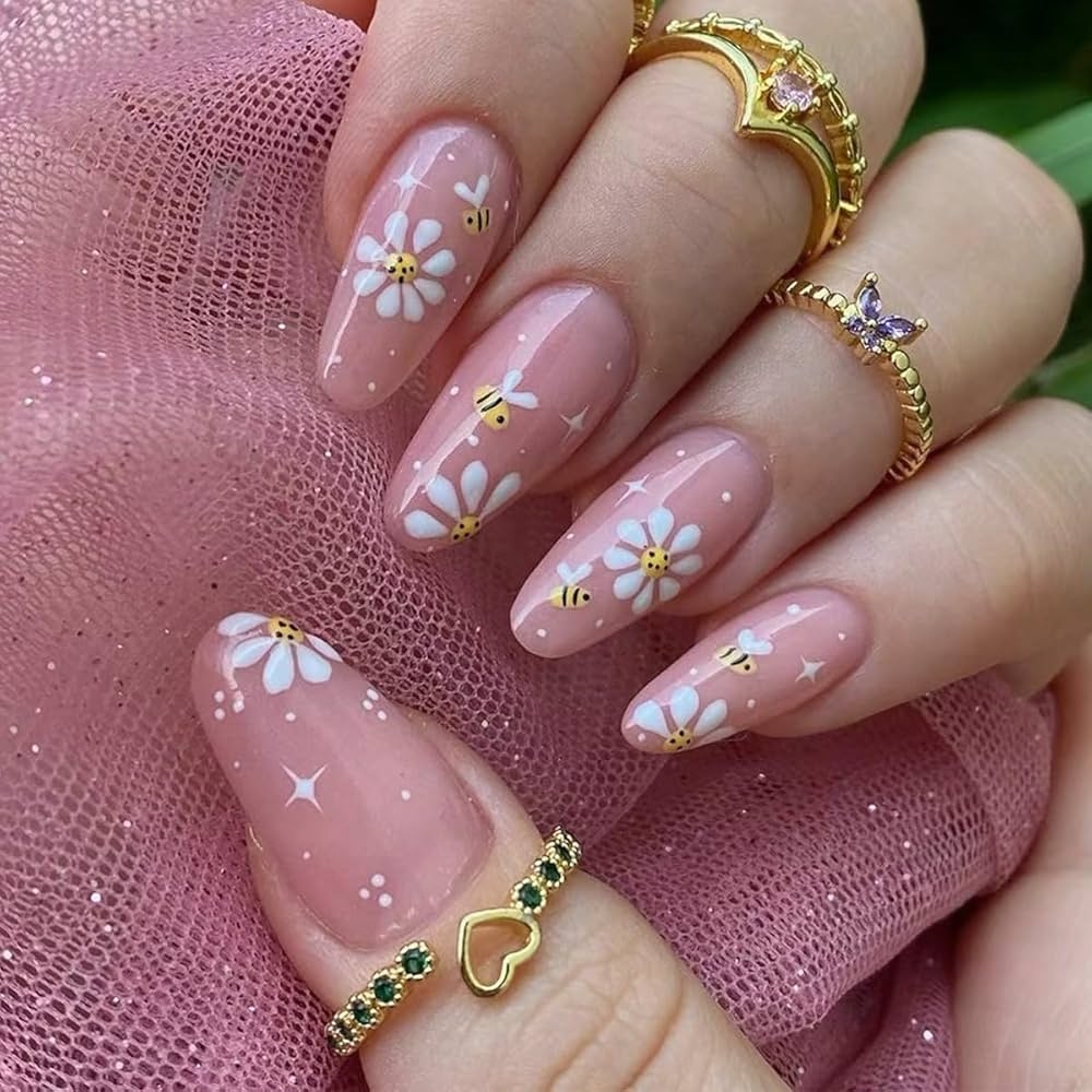 Amazon 24 Pcs Pink Press On Nails Short Almond YEFIUO Spring Fake Nails Press Ons French Nail Tip Glue On Nails With Cute Bee Flower Design Full Cover Summer False Nails
