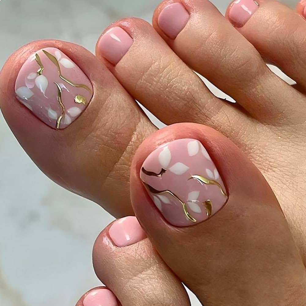 Amazon 24 Pcs Pink Press On Toenails Short Square Fake Toe Nails Press Ons Gel Nail Art Tip Elegant Flowers Gold Line Design Full Cover Acrylic Beach Toe Nails With Nail File