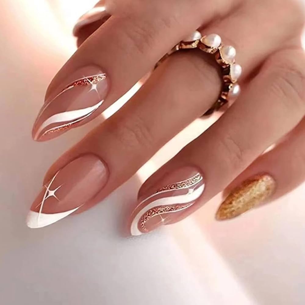 Amazon 24 Pcs Press On Nails Medium Almond False Nails French Tip Fake Nails Sliver Glitter Stripe Star Design Glossy Blue Acrylic Nails Full Cover Glue On Nails For Women Girls Manicure