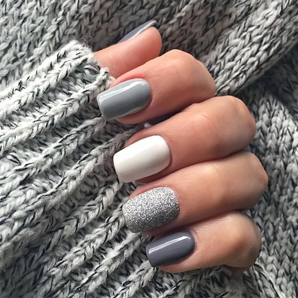 Amazon 24 Pcs Press On Nails Short Square Fake Nails With Glitter Designs Grey Dark Grey And White Glossy False Nails Summer Acrylic Nails Full Cover Short Nails Artificial Nails For Women Girls 