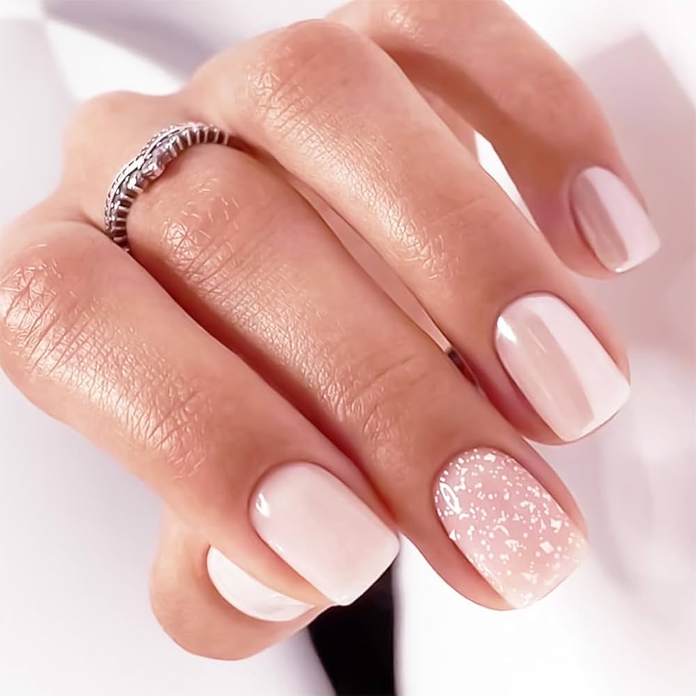 Amazon 24 Pcs Press On Nails Short Square Nude Pink Pearlescent Fake Nails Cute Glitter Designs Glossy False Nails Acrylic Nails Decoration For Women Daily Nail Art Beauty Personal Care