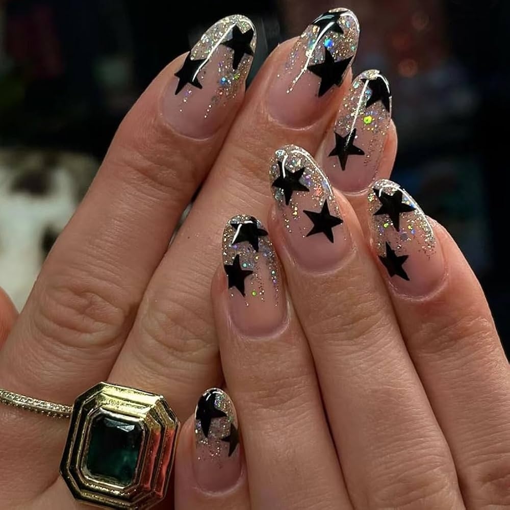 Amazon 24pc Glitter Star Press on Nails Medium Almond Black Star Design Full Cover Acrylic Artificial Shiny Glossy Reusable False Nails For Women Girls Beauty Personal Care