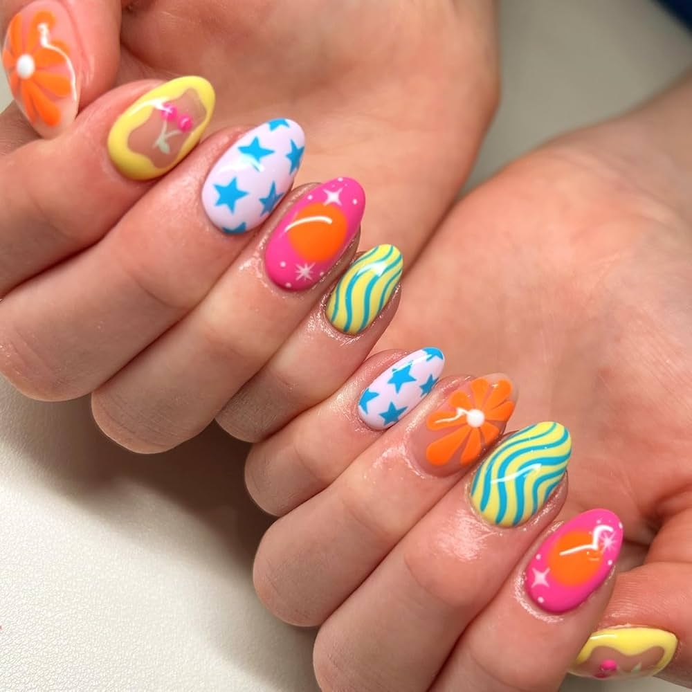 Amazon 24PCS Almond Press On Nails Short Oval Fake Nails Summer Glue On Nails Dopamine Acrylic Nails Full Cover Star Cherry Flower Stripes Pattern Design Cute Artificial Nails Short Stick On Nails