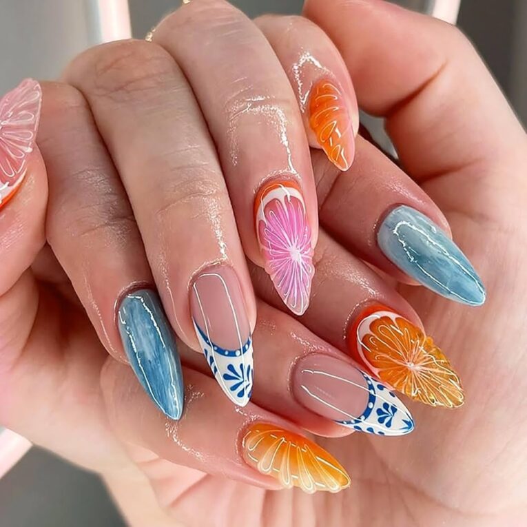 Amazon 24Pcs Almond Press On Nails Summer Fake Nails With 3D Orange Design Cute Press On Nails Full Cover Glossy Acrylic Nails Handmade False Nails Stick On Nail Beauty Personal