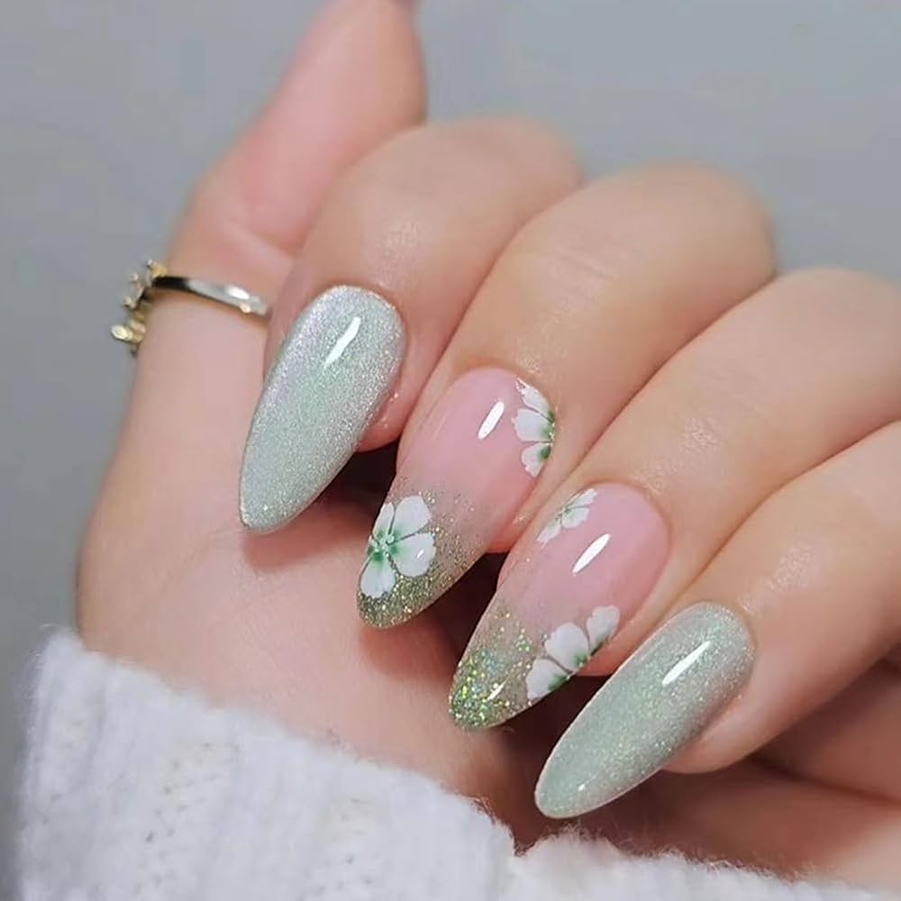 Amazon 24pcs Almond Shaped Press On Nails Cat Eye Designs With Spring Floral Glitter Medium Fake Nails For Women Beauty Personal Care