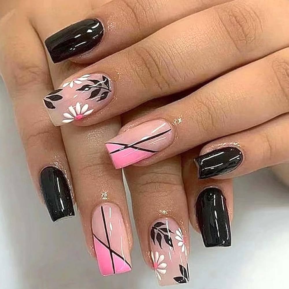 pink and black nail art designs