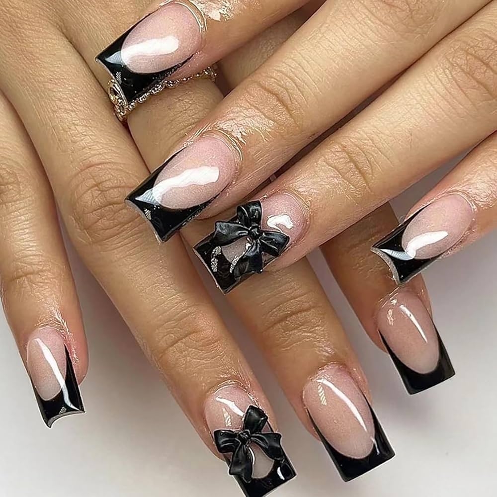 Amazon 24pcs Black French Tip Press On Nails Medium Square Fake Nails With Design And Black Bow Glue On Nails Full Cover Glossy False Nails Tips For Women Industrial 