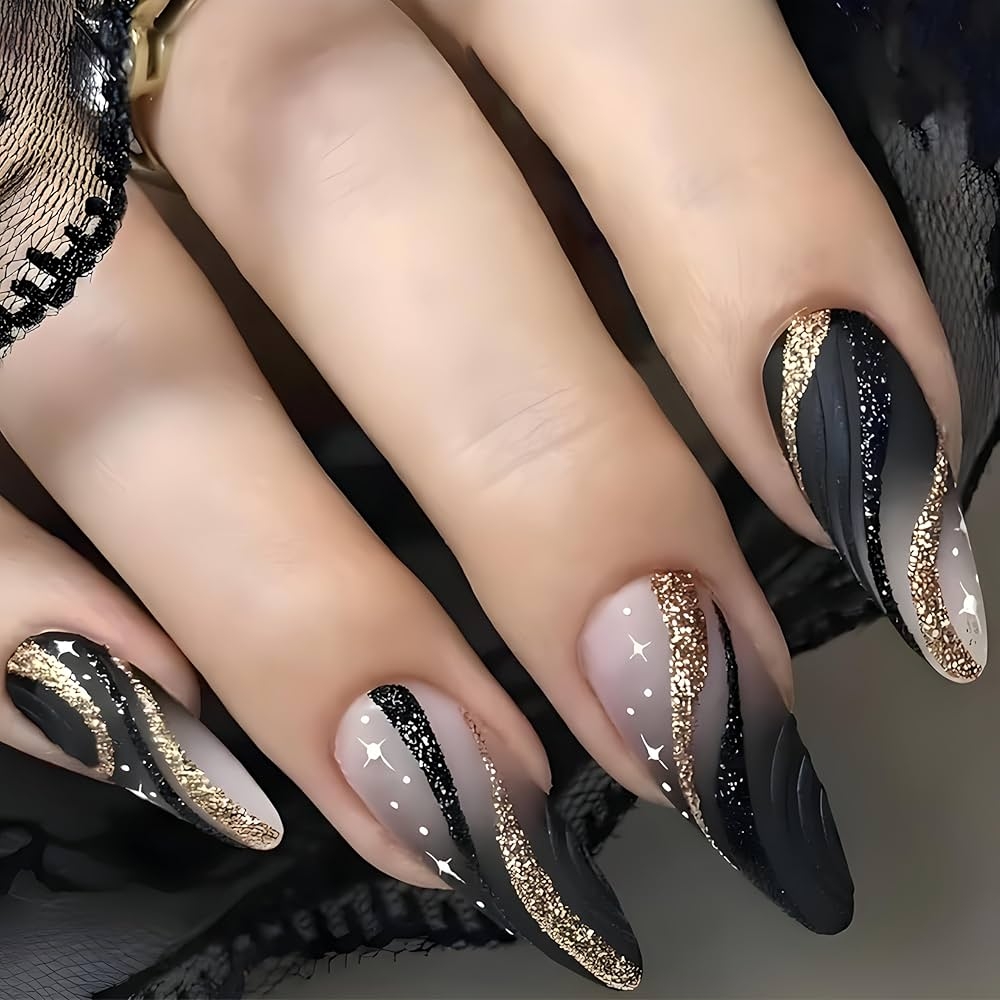 Amazon 24pcs Black Gold Wire Almond Press Nails Medium Length Gold Foil Glitter Full Cover False Nail Designs For Women Girls Acrylic Nail Art Decoration Beauty Personal Care