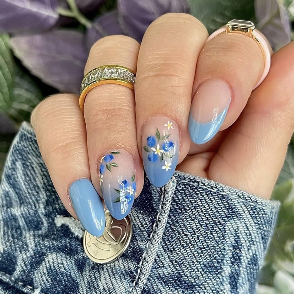 Amazon 24Pcs Blue Flower Press On Nails Almond Medium Fake Nail French Tip Glue On Nails Blue Gradient Acrylic Nail Full Cover Spring Summer False Nails With Designs Flower Nails Art Decoration